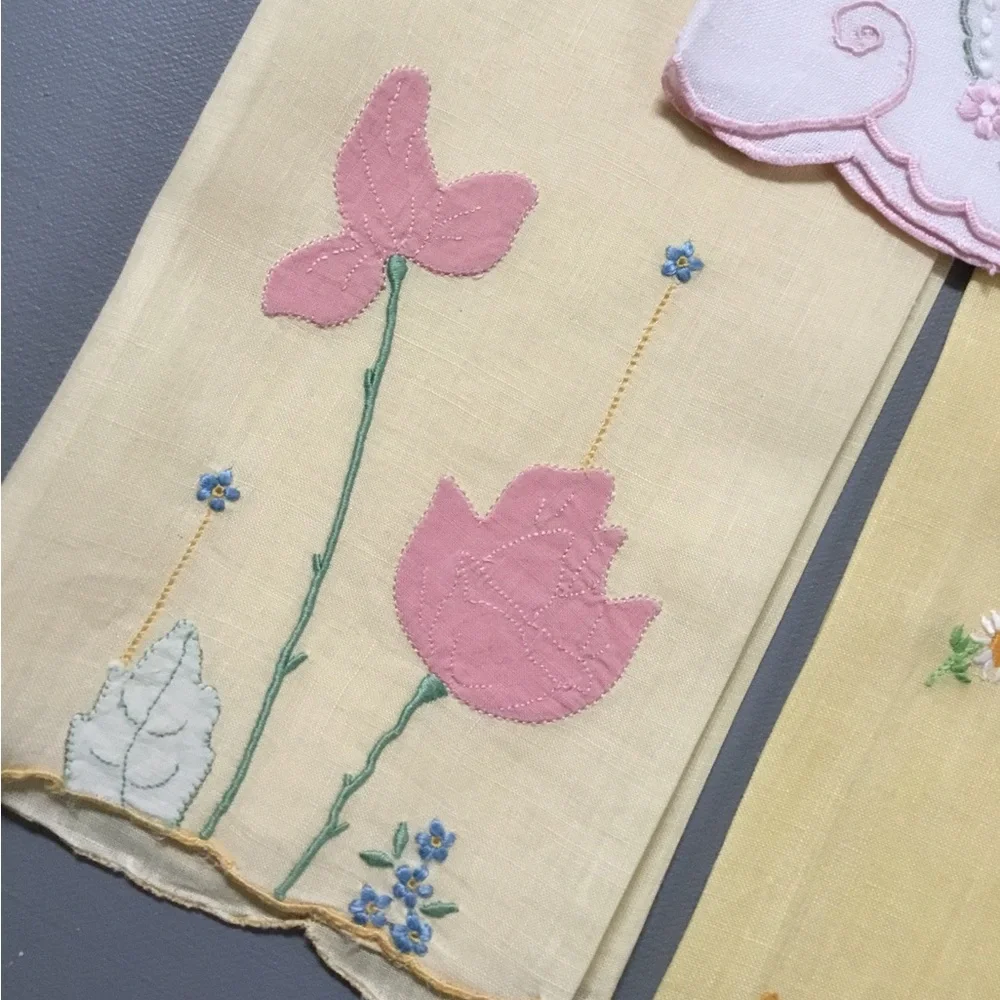 5 Vintage Springtime Embroidered Linen Hand Towels